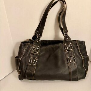 Cole Haan Black Leather Shoulder Tote with Silver Hardware